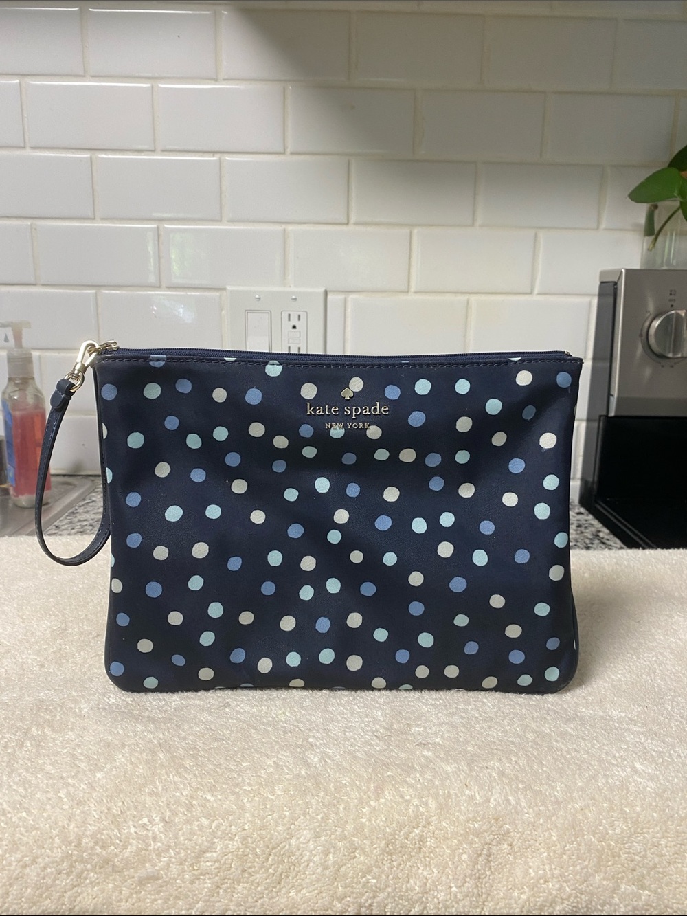 kate spade Navy Polka Dot Wristlet with Light Blue and Cream Dots